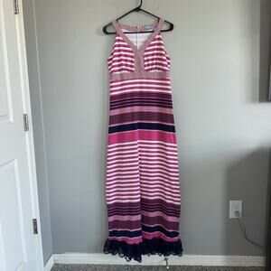 J. McLaughlin Striped V Neck Maxi Dress Pink White Blue Size M Lace CUSTOMIZED